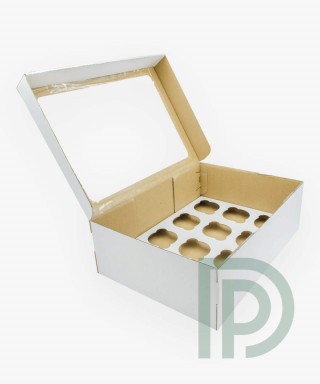 Коробка для 12 капкейков 350х250х110 мм белая из гофрокартона с окном